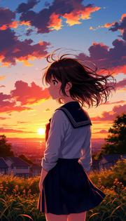 晚风里的青春氛围动漫少女手机壁纸